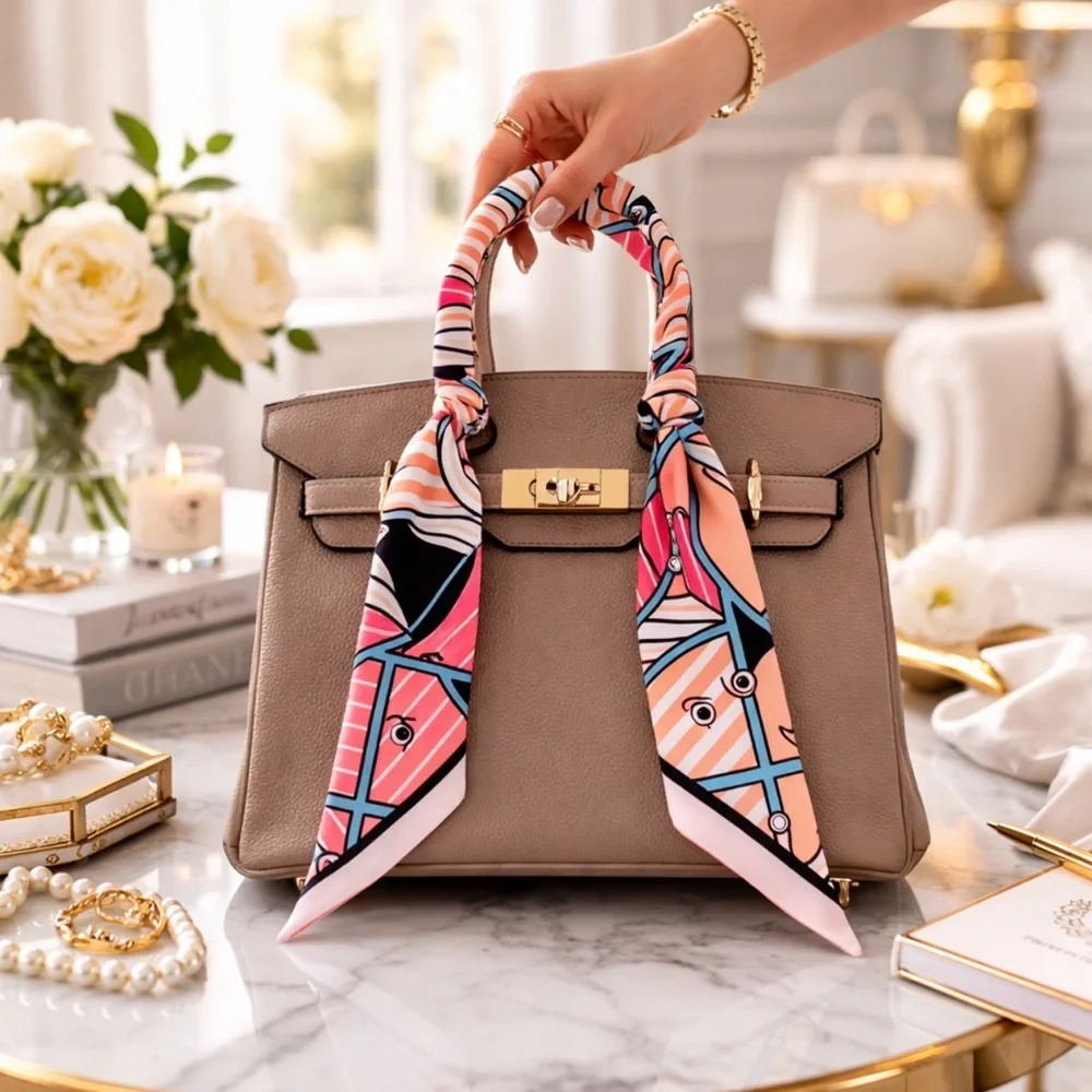 PINK BABY BLUE WHITE EQUESTRIAN HORSE SKINNY SCARF HANDBAG HANDLE WRAP HAIR TIE
